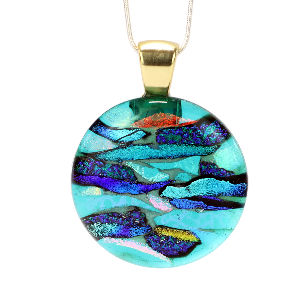 A colorful, round, glass pendant necklace with a gold-colored metal setting.